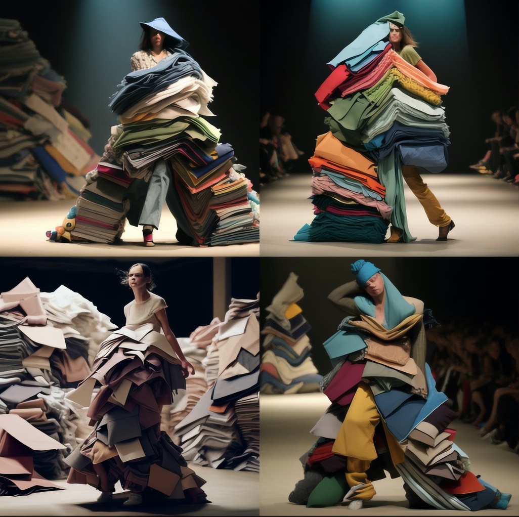 10 female models with stacks of waste fabrics digital art x4