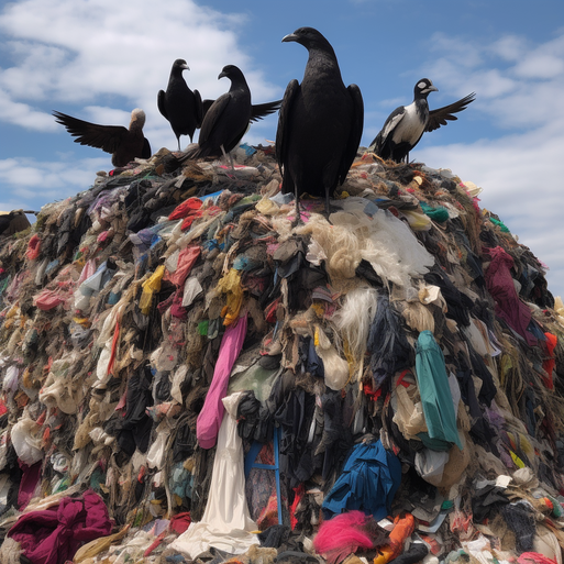 Birds on Fashion Industry Pattern Area Waste fabric in a landfill