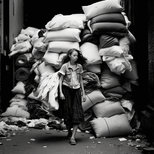 Melissa Lockwood model walks through piles of fabric on 14th st 98ff5414-4739-460a-b1a8-0da5c456e087
